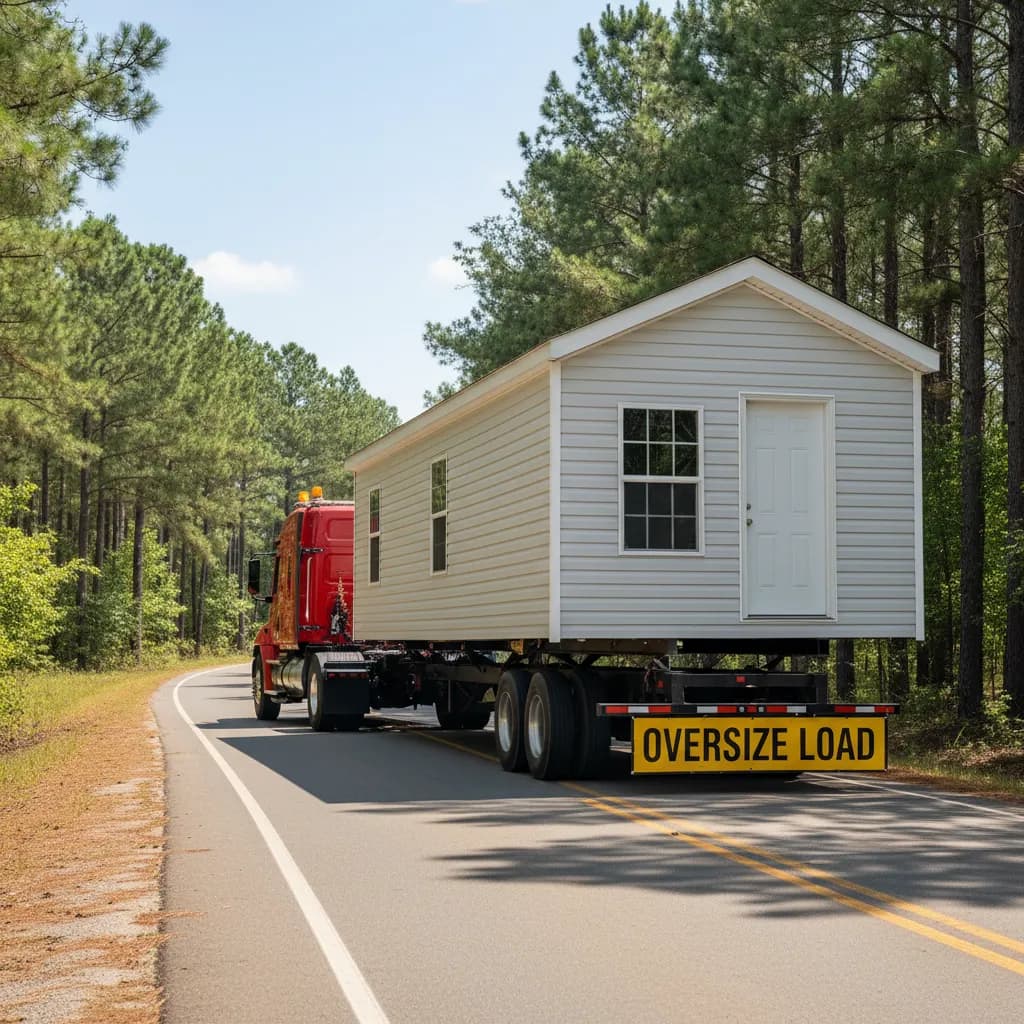 A completed new manufactured home being delivered by a class-8 semi truck to a rural Georgia home site
