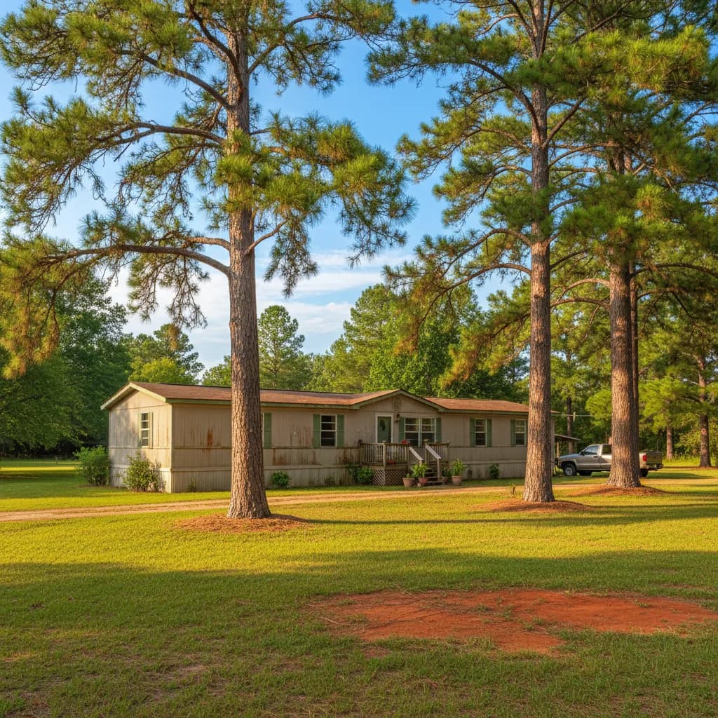 An older mobile home on a grassy rural Georgia lot under mature pine trees
