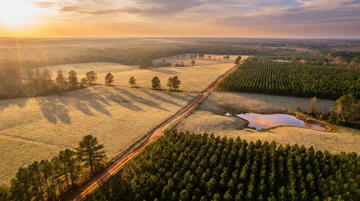 Pine timber and open pasture on a rural parcel in east central Georgia