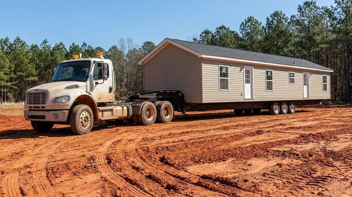 New manufactured home being set on a prepared pad on a Georgia acre lot