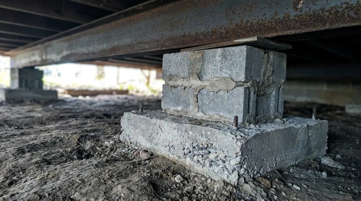 Reinforced concrete footing and block pier under a new manufactured home