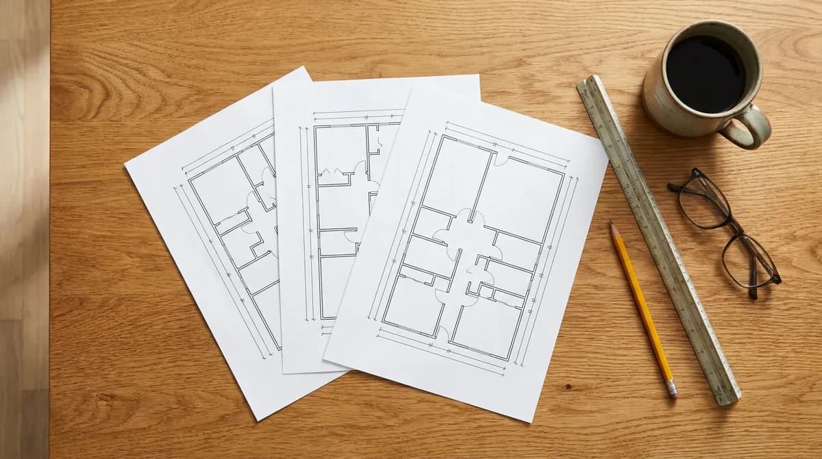 Three printed manufactured home floor plan sheets fanned out on a table with a scale ruler and pencil