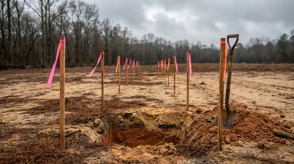 Cleared rural Georgia building lot with a septic drain field staked out