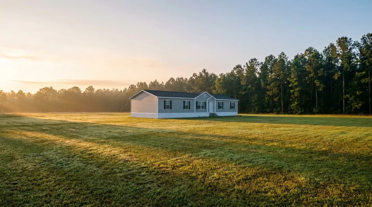 New manufactured home on acreage in rural Georgia at sunrise